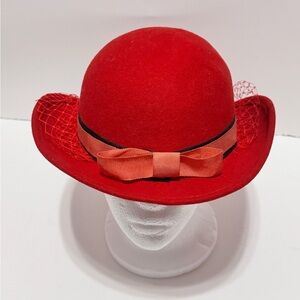 Vintage 60s Geo W Bollman Hat Doeskin Felt  100% Wool Red Bow & Veil Formal